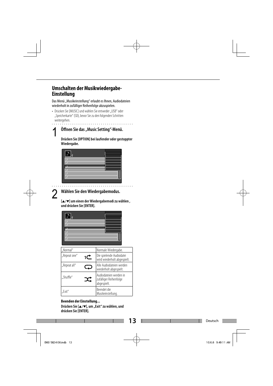 Umschalten der musikwiedergabe- einstellung, Öﬀ nen sie das „music setting“-menü, Wählen sie den wiedergabemodus | Kenwood AS-iP70 User Manual | Page 69 / 168