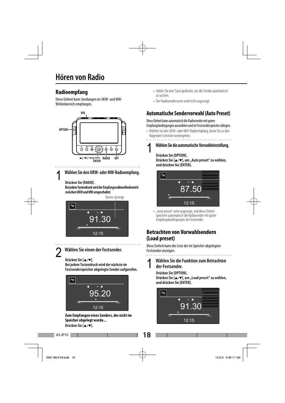 Hören von radio, Radioempfang, Automatische sendervorwahl (auto preset) | Betrachten von vorwahlsendern (load preset), Wählen sie den ukw- oder mw-radioempfang, Wählen sie einen der festsender, Wählen sie die automatische vorwahleinstellung | Kenwood AS-iP70 User Manual | Page 74 / 168