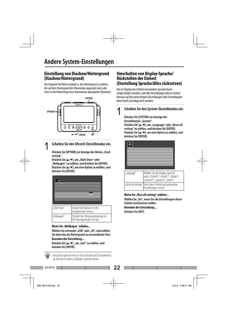 Andere system-einstellungen, Schalten sie den uhrzeit-einstellmodus ein, Schalten sie den system-einstellmodus ein | Kenwood AS-iP70 User Manual | Page 78 / 168