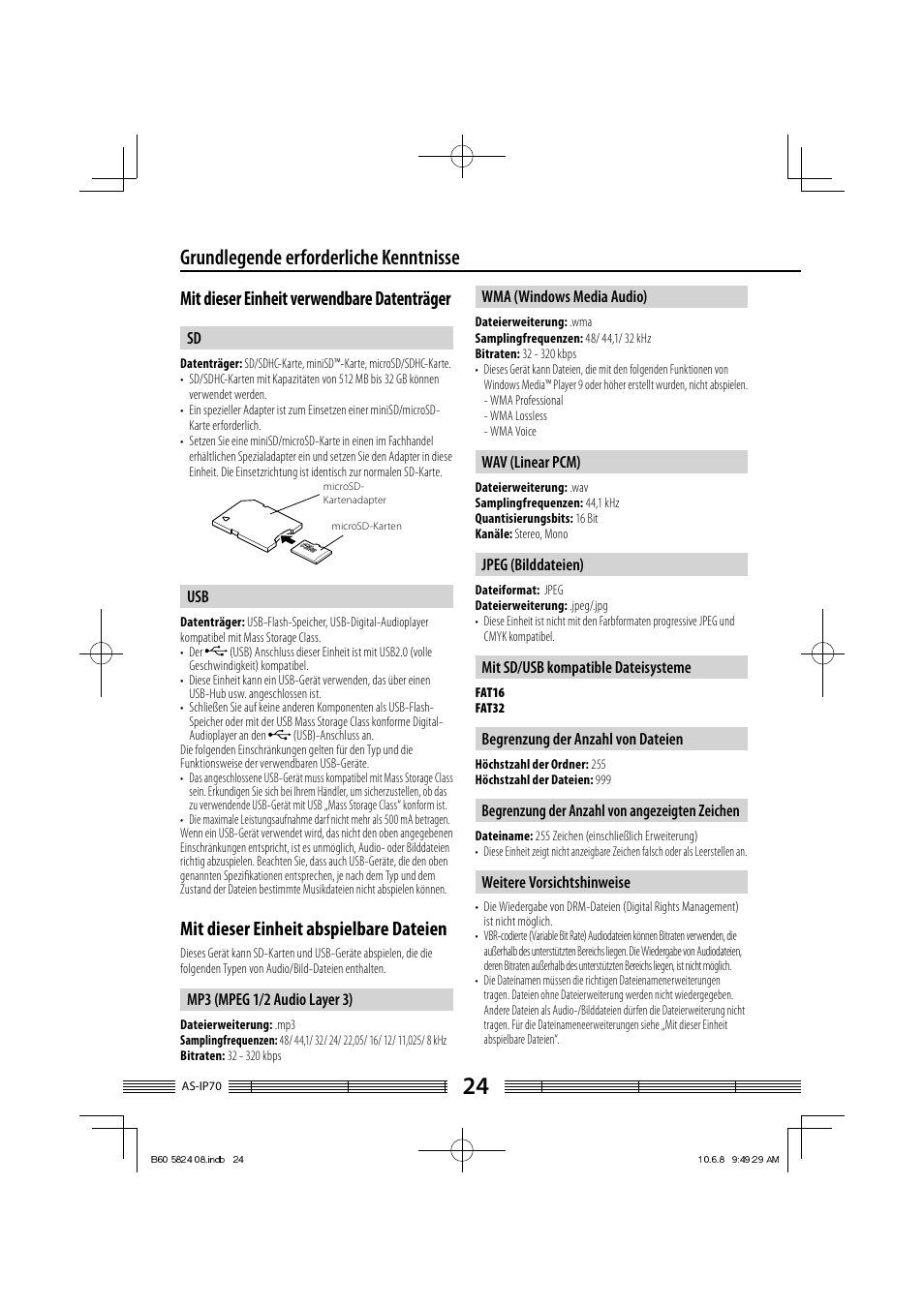 Grundlegende erforderliche kenntnisse, Mit dieser einheit verwendbare datenträger, Mit dieser einheit abspielbare dateien | Kenwood AS-iP70 User Manual | Page 80 / 168