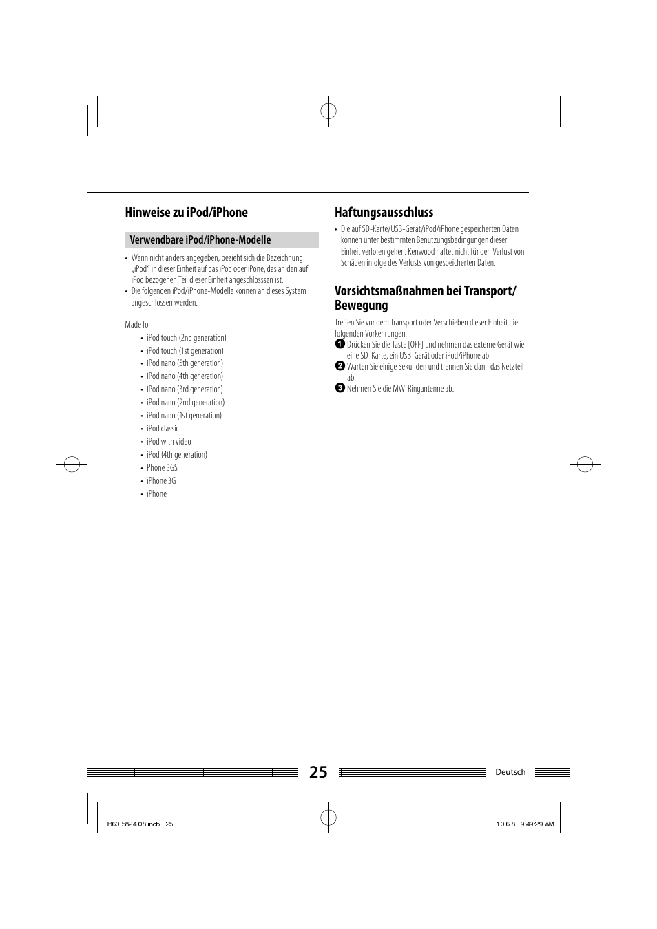 Hinweise zu ipod/iphone, Haftungsausschluss, Vorsichtsmaßnahmen bei transport/ bewegung | Kenwood AS-iP70 User Manual | Page 81 / 168