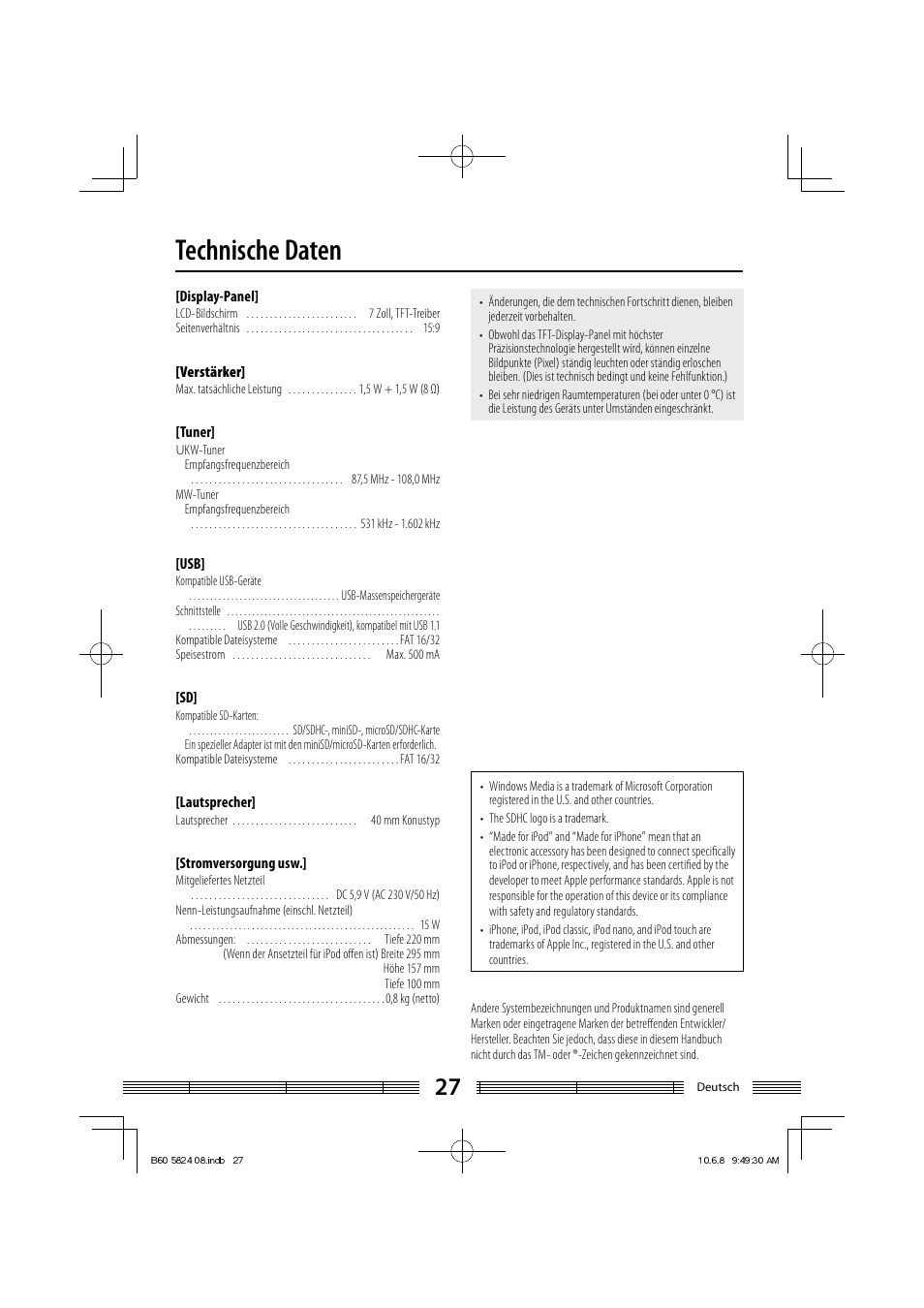 Technische daten | Kenwood AS-iP70 User Manual | Page 83 / 168