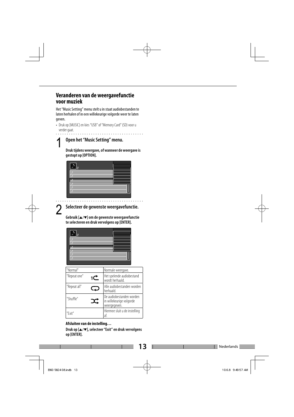 Veranderen van de weergavefunctie voor muziek, Open het “music setting” menu, Selecteer de gewenste weergavefunctie | Kenwood AS-iP70 User Manual | Page 97 / 168