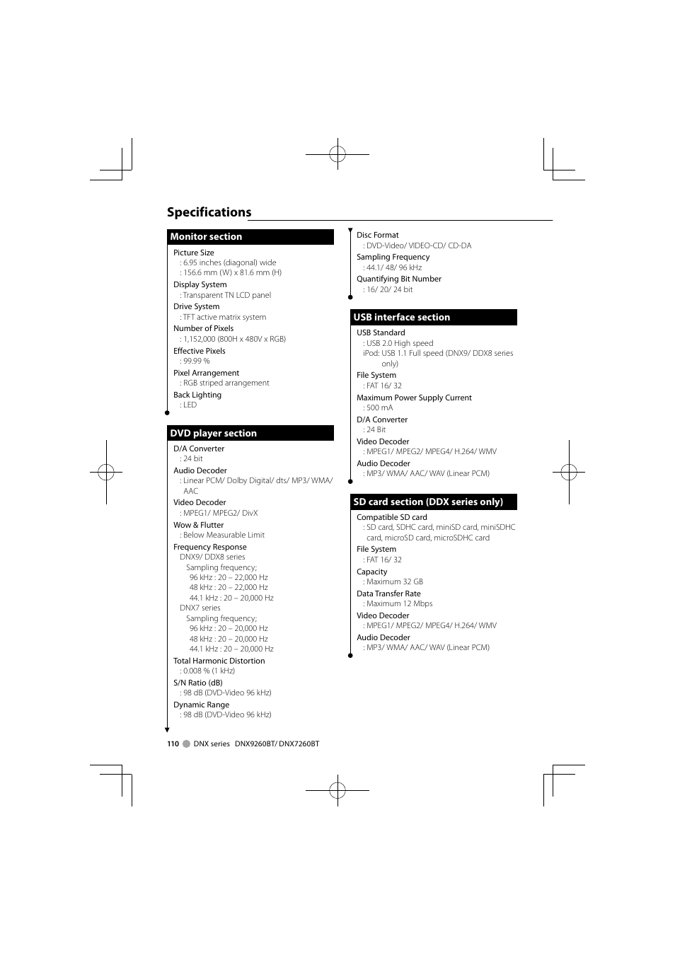 Specifications | Kenwood DNX9260BT User Manual | Page 110 / 116