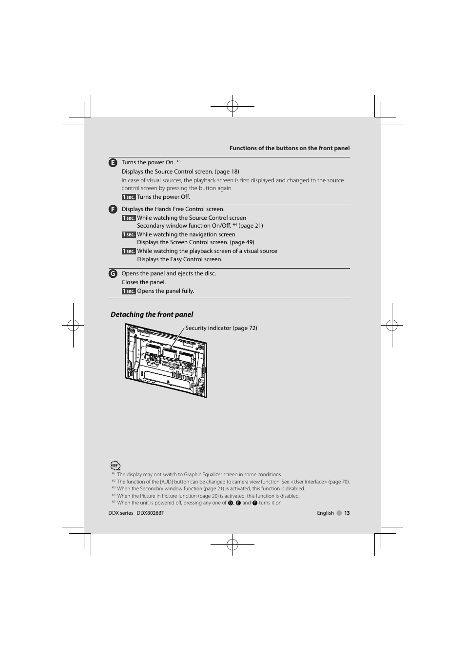 Detaching the front panel | Kenwood DNX9260BT User Manual | Page 13 / 116