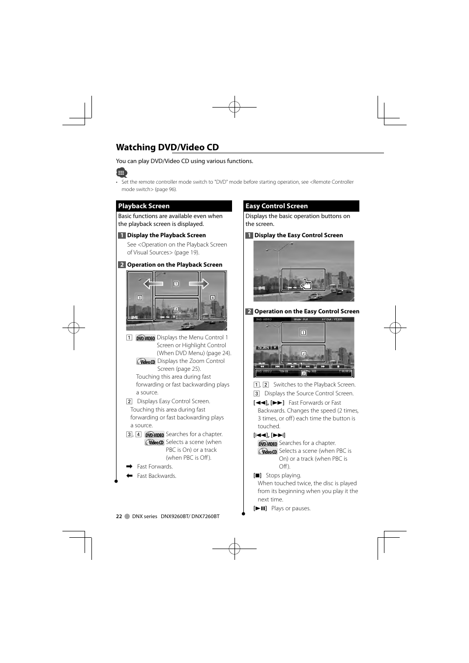 Watching dvd/video cd | Kenwood DNX9260BT User Manual | Page 22 / 116