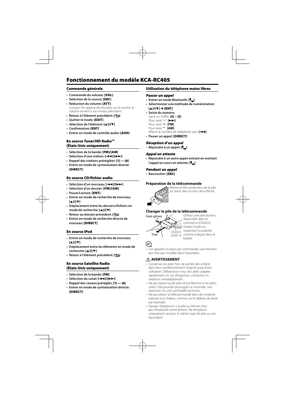 Fonctionnement du modèle kca-rc405 | Kenwood KCA-RC405 User Manual | Page 3 / 18