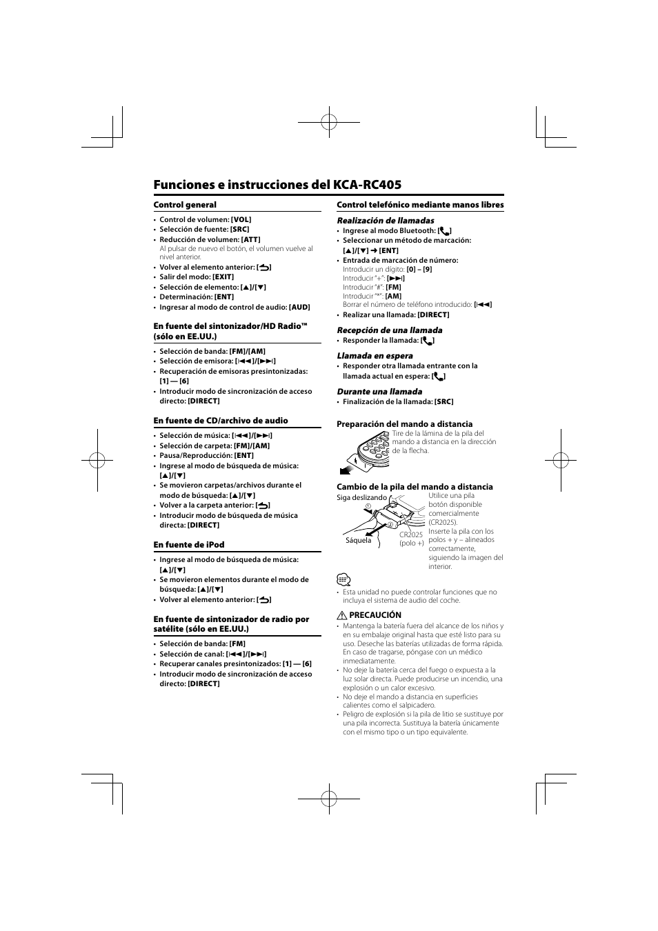 Funciones e instrucciones del kca-rc405 | Kenwood KCA-RC405 User Manual | Page 6 / 18