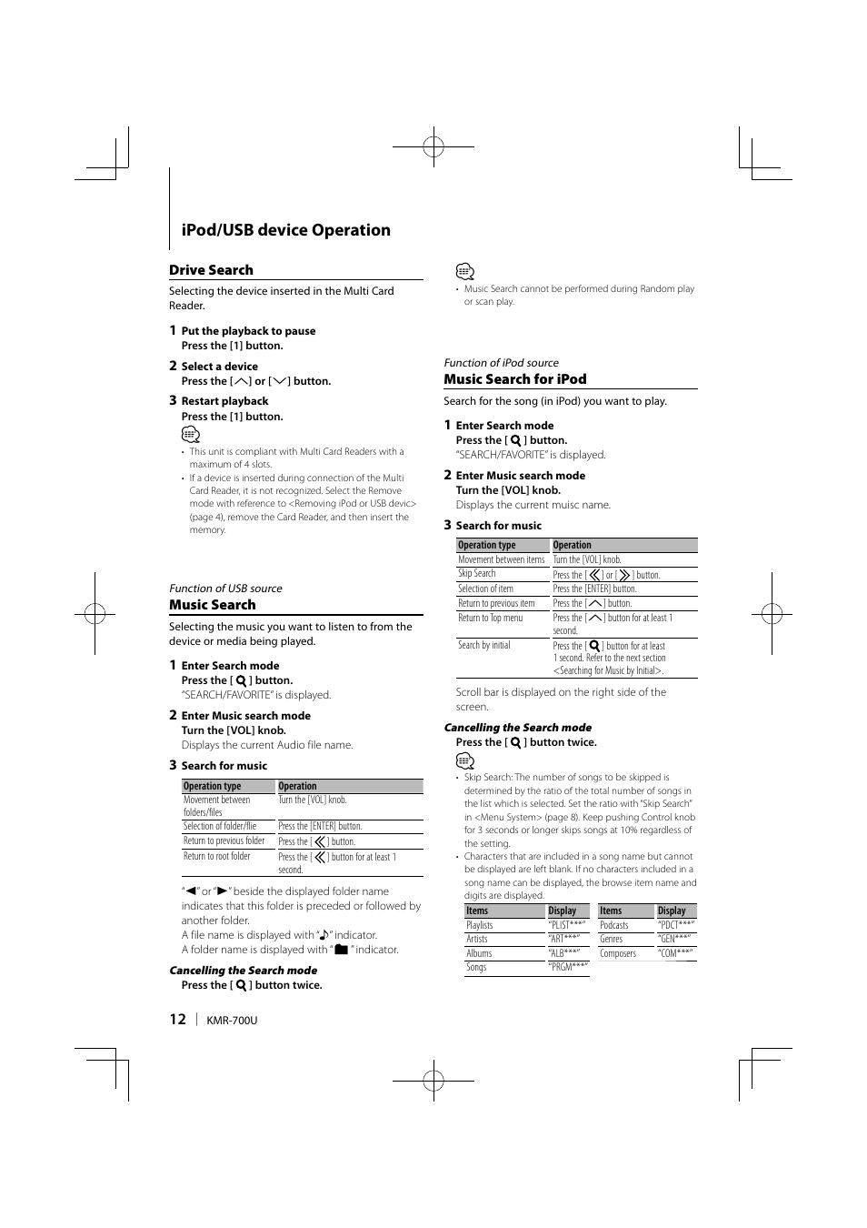 Ipod/usb device operation | Kenwood KMR-700U User Manual | Page 12 / 28