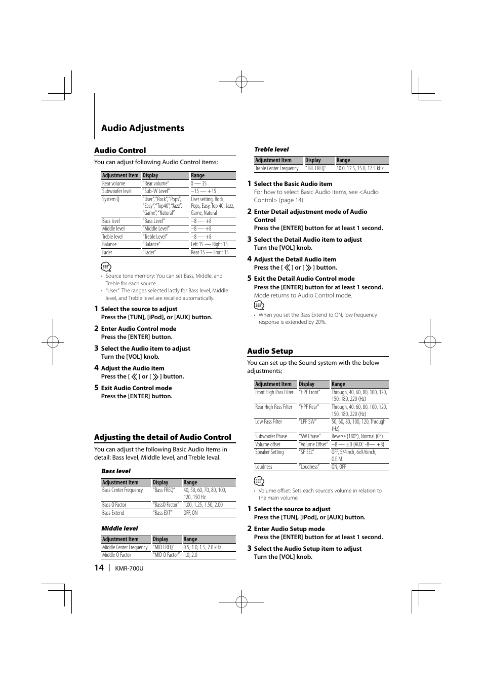 Audio adjustments | Kenwood KMR-700U User Manual | Page 14 / 28