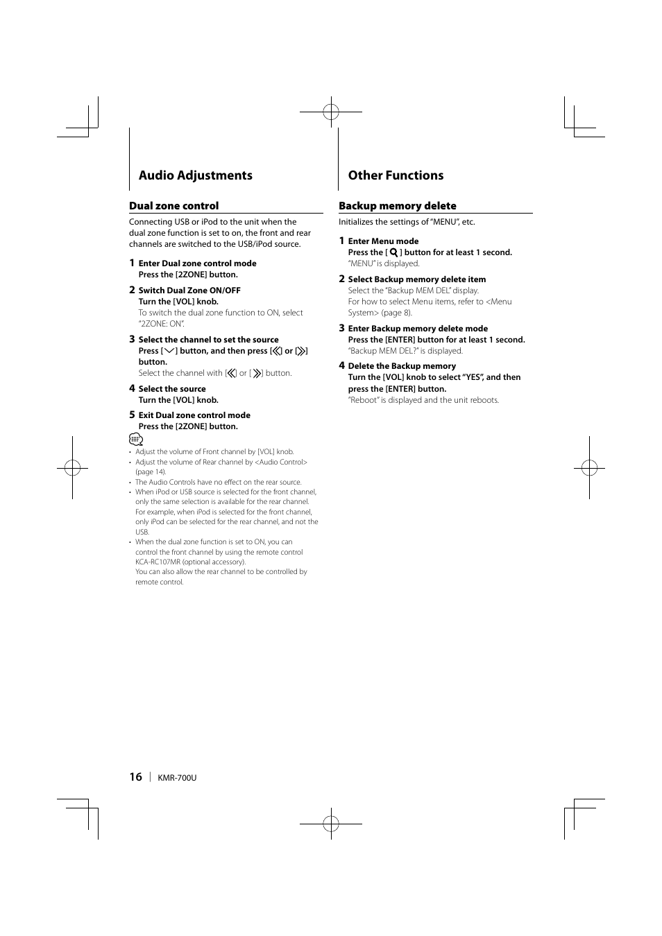 Audio adjustments other functions | Kenwood KMR-700U User Manual | Page 16 / 28