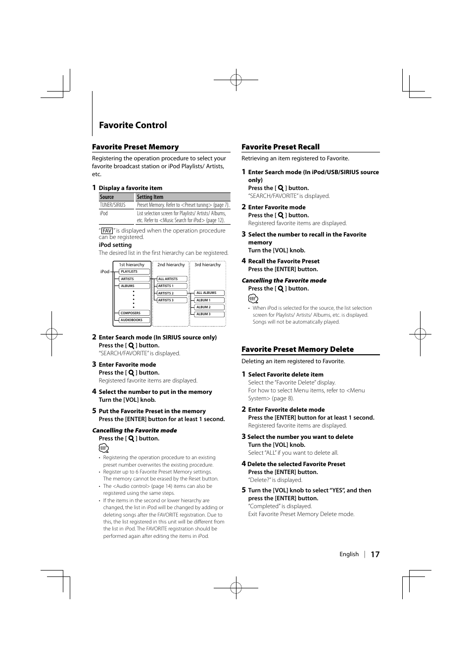 Favorite control, Favorite preset recall | Kenwood KMR-700U User Manual | Page 17 / 28