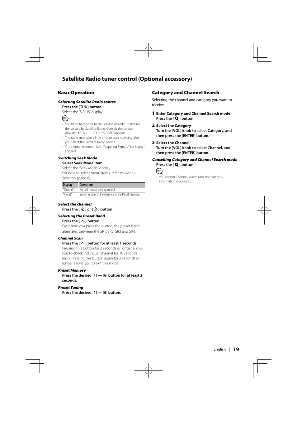 Satellite radio tuner control (optional accessory) | Kenwood KMR-700U User Manual | Page 19 / 28