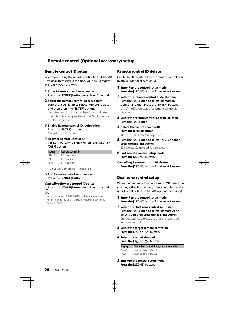 Remote control (optional accessory) setup | Kenwood KMR-700U User Manual | Page 20 / 28