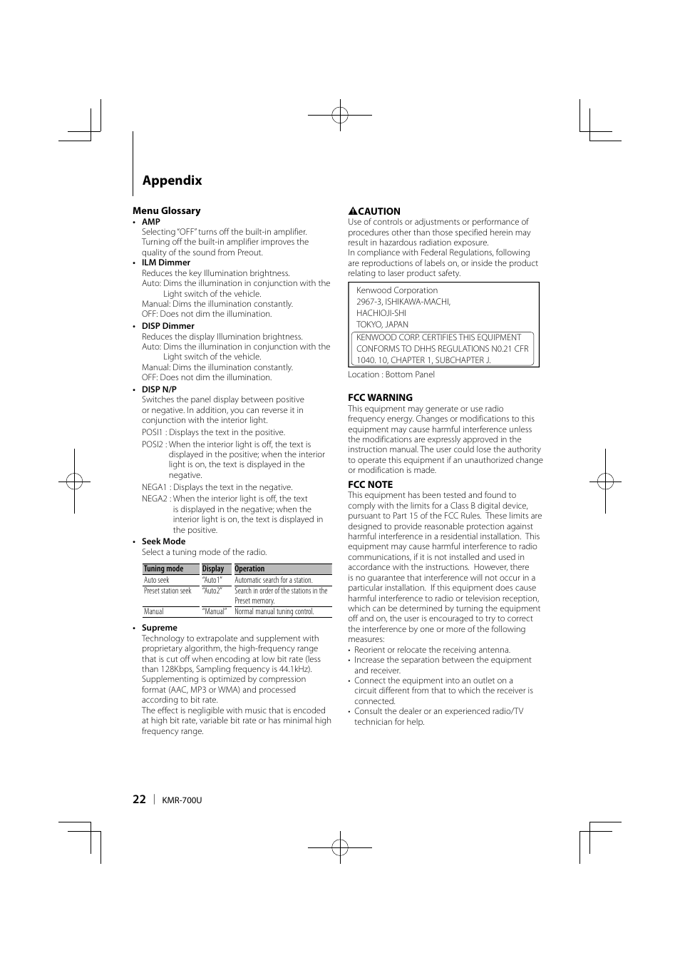 Appendix | Kenwood KMR-700U User Manual | Page 22 / 28