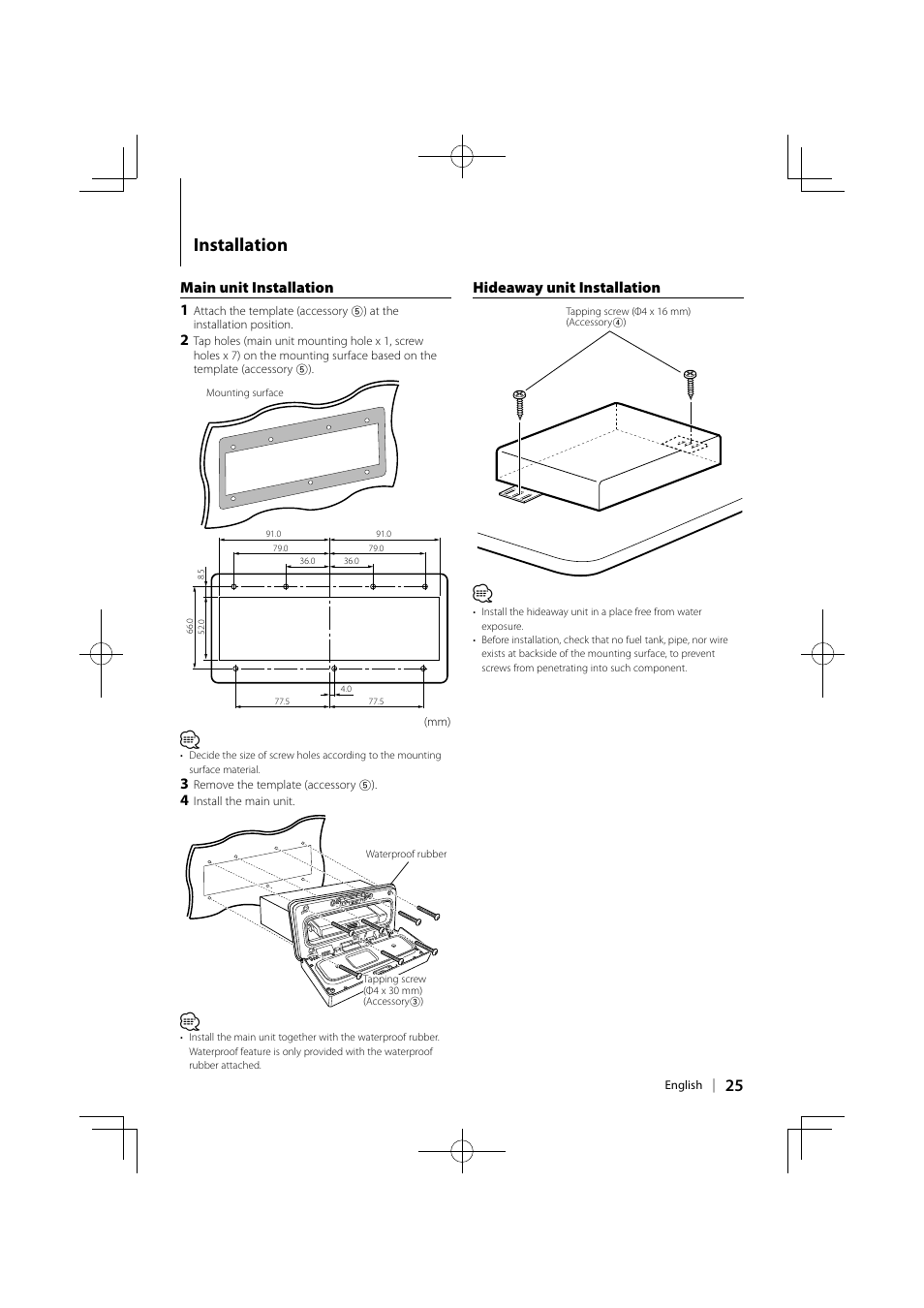 Installation, Main unit installation 1, Hideaway unit installation | Kenwood KMR-700U User Manual | Page 25 / 28