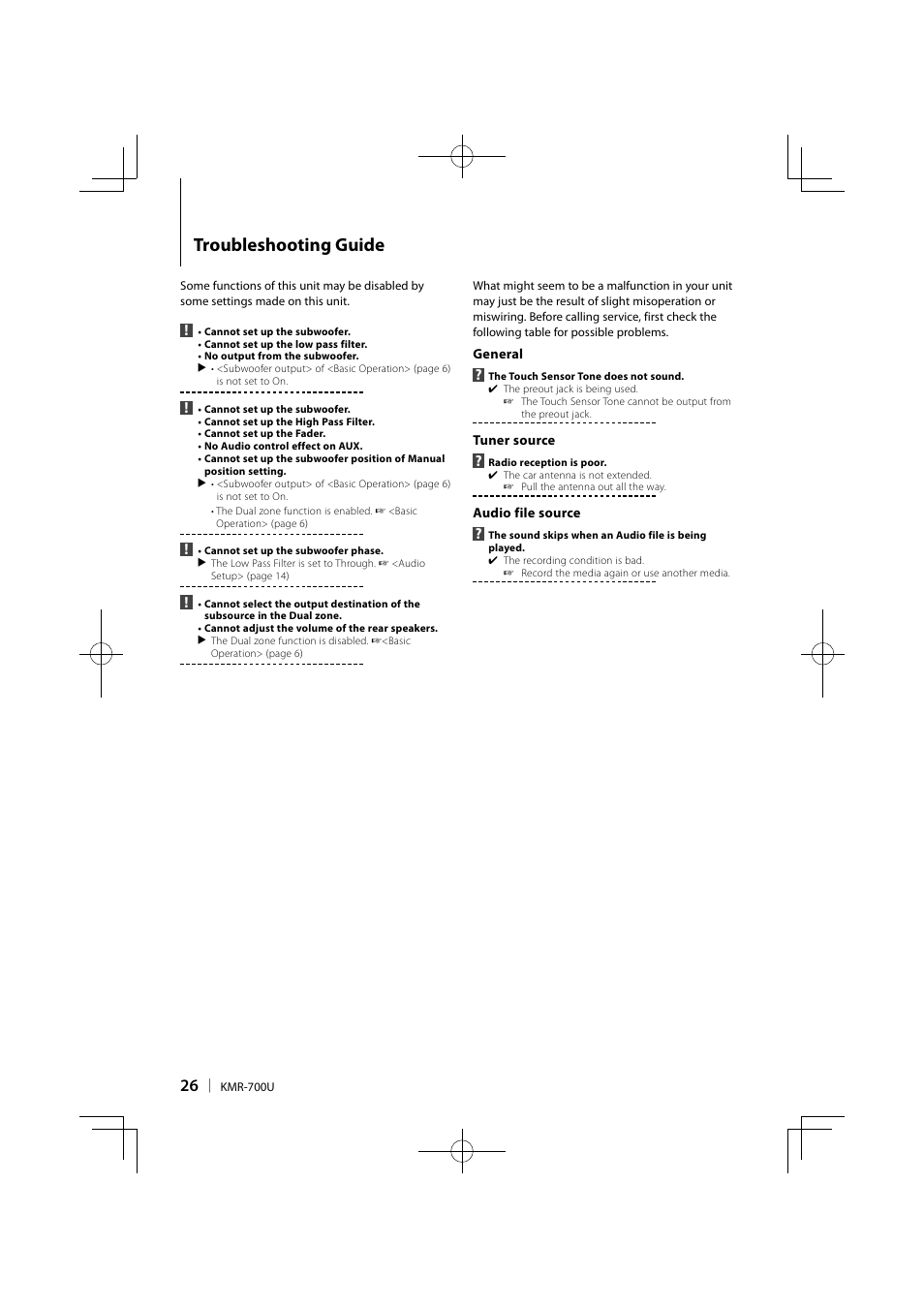 Troubleshooting guide | Kenwood KMR-700U User Manual | Page 26 / 28