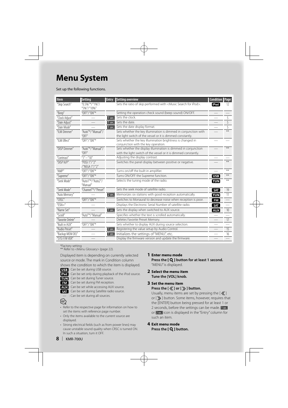 Menu system | Kenwood KMR-700U User Manual | Page 8 / 28