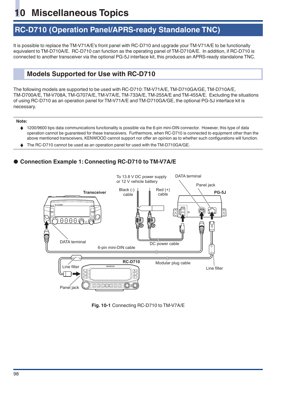 10 miscellaneous topics, Models supported for use with rc‑d710, Models supported for use with rc-d710 | Kenwood TM-D710GE User Manual | Page 102 / 108