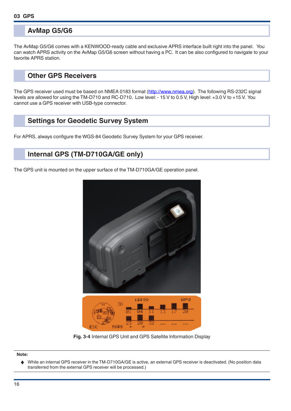Avmap g5/g6, Other gps receivers, Settings for geodetic survey system | Internal gps (tm‑d710ga/ge only), Internal gps (tm-d710ga/ge only) | Kenwood TM-D710GE User Manual | Page 20 / 108