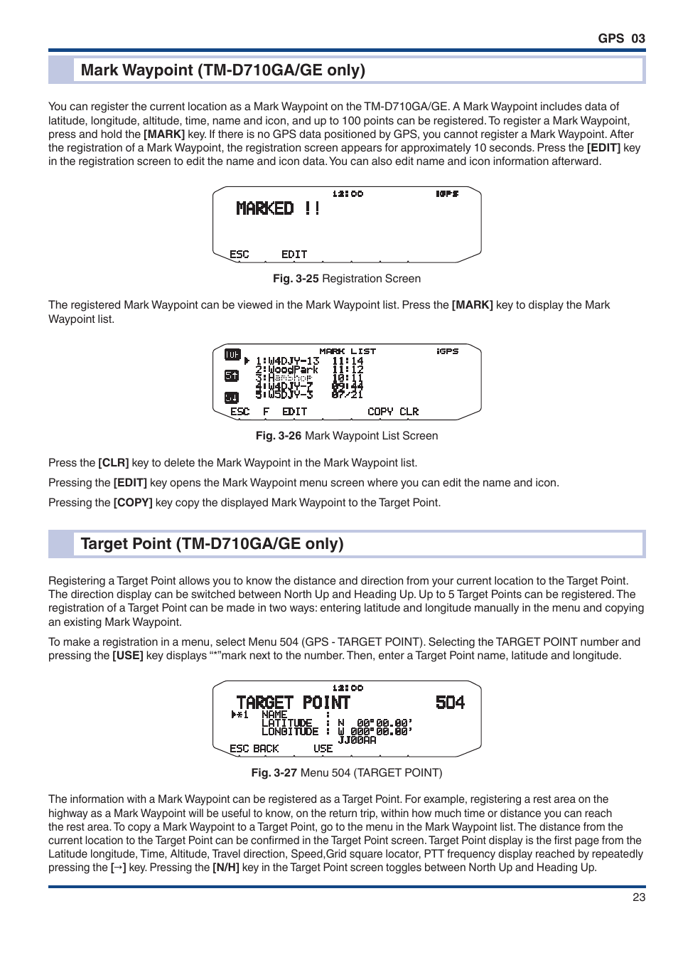 Mark waypoint (tm‑d710ga/ge only), Target point (tm‑d710ga/ge only), Mark waypoint (tm-d710ga/ge only) | Target point (tm-d710ga/ge only) | Kenwood TM-D710GE User Manual | Page 27 / 108