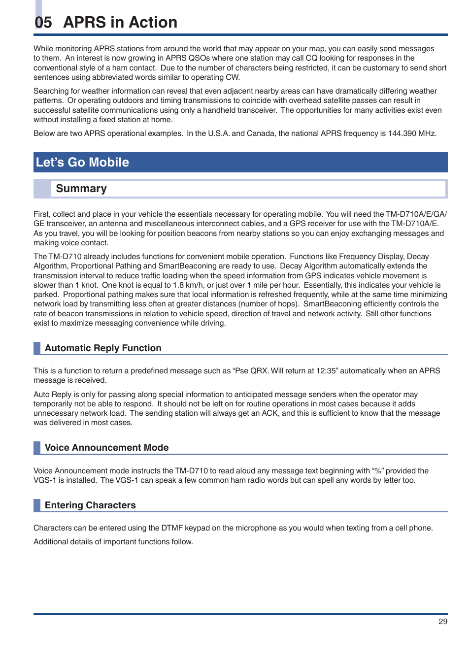 05 aprs in action, Let’s go mobile, Summary | Automatic reply function, Voice announcement mode, Entering characters | Kenwood TM-D710GE User Manual | Page 33 / 108