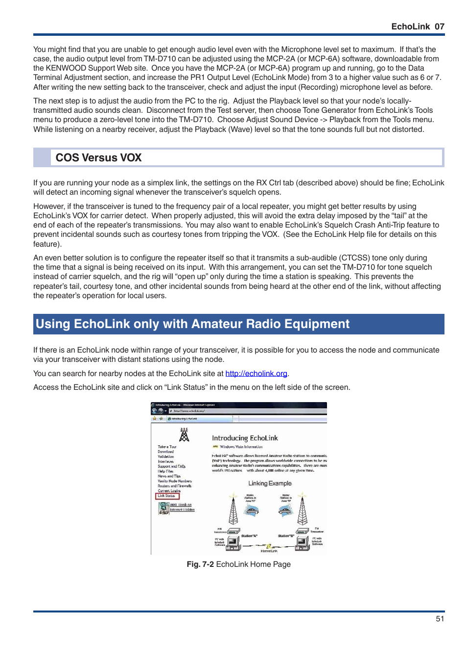 Cos versus vox, Using echolink only with amateur radio equipment | Kenwood TM-D710GE User Manual | Page 55 / 108