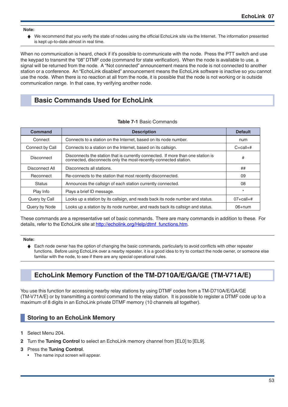 Basic commands used for echolink, Storing to an echolink memory, Tm‑v71a/e) | Kenwood TM-D710GE User Manual | Page 57 / 108