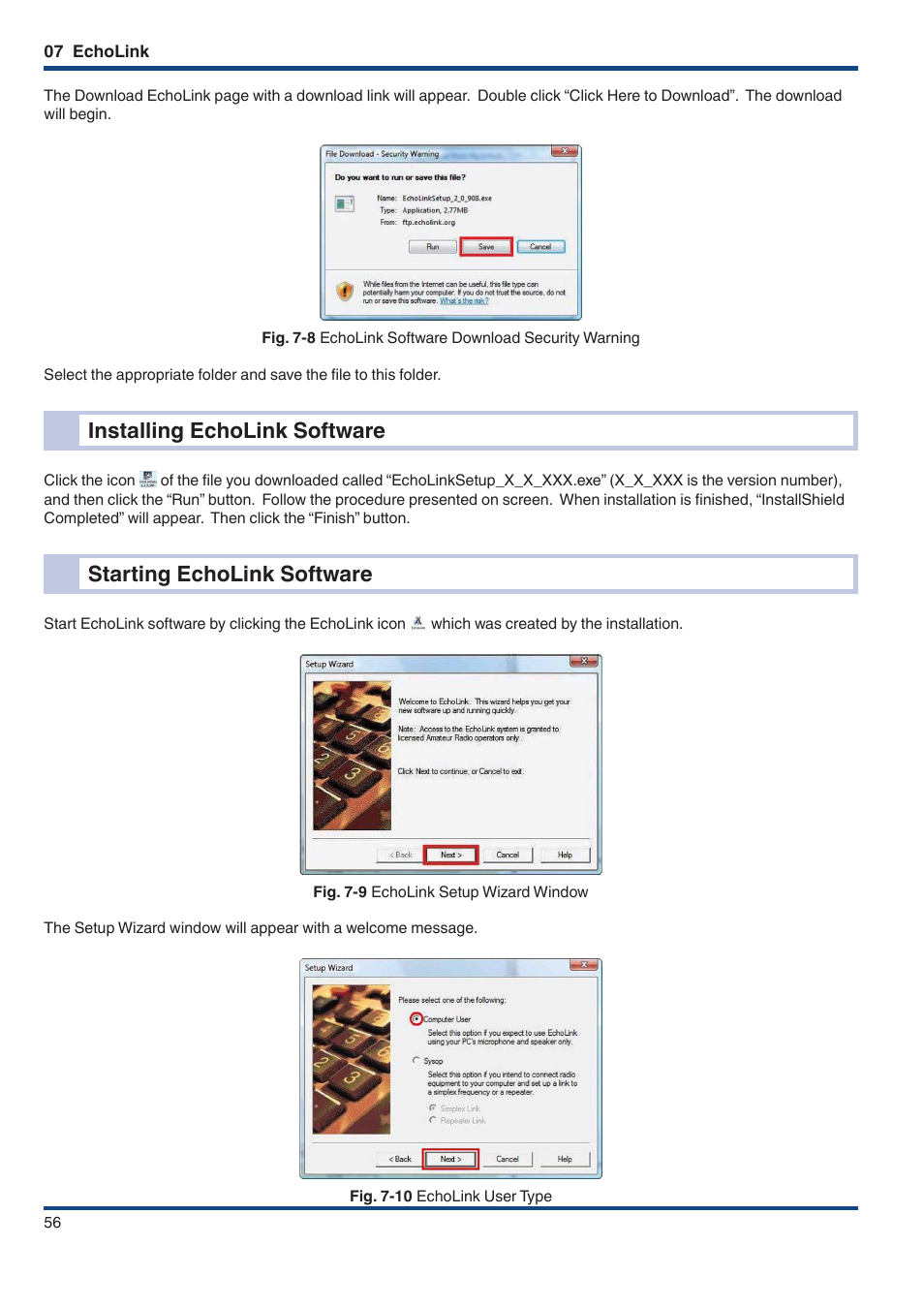 Installing echolink software, Starting echolink software | Kenwood TM-D710GE User Manual | Page 60 / 108