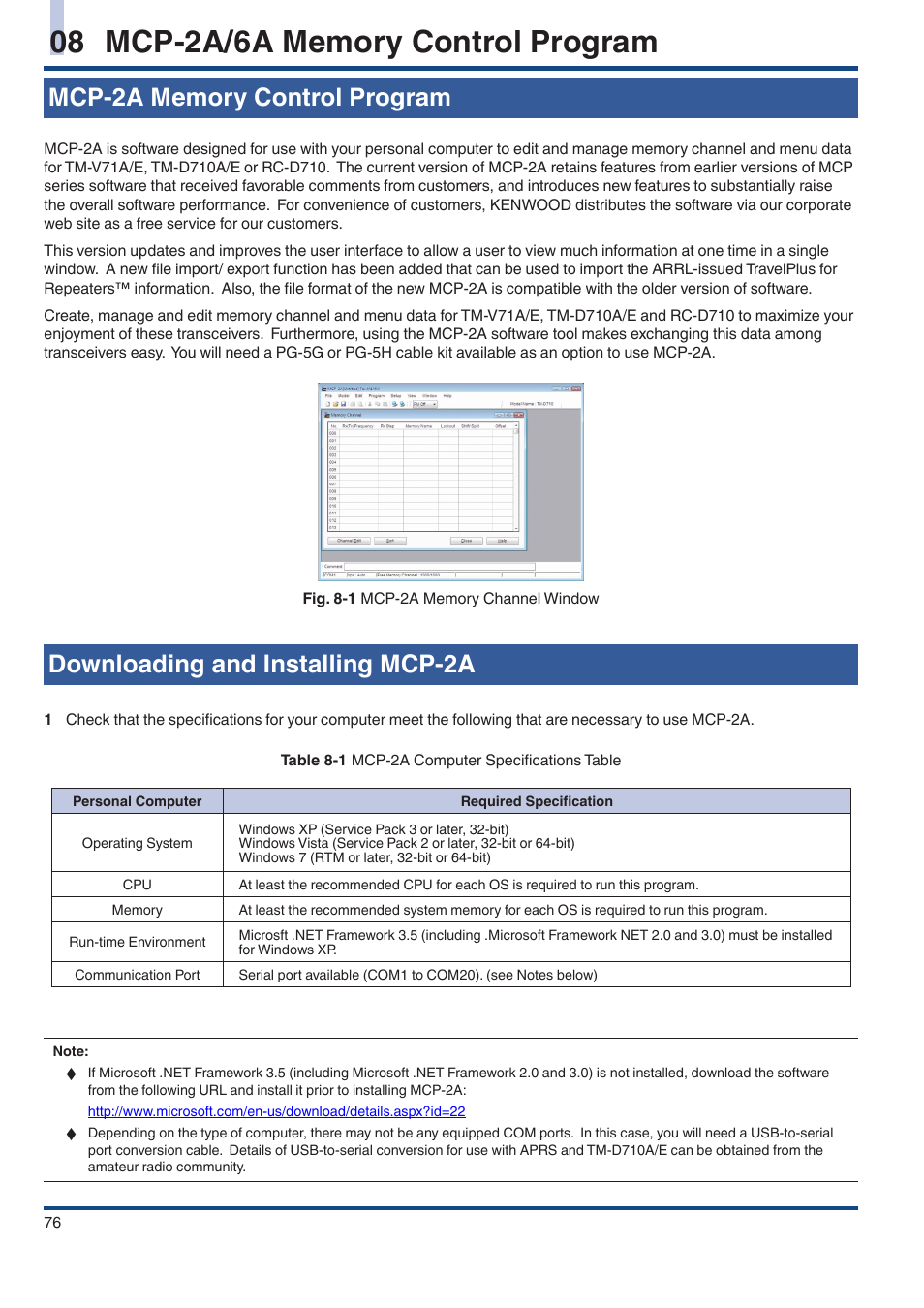 08 mcp‑2a/6a memory control program, Mcp‑2a memory control program, Downloading and installing mcp‑2a | Downloading and installing mcp-2a | Kenwood TM-D710GE User Manual | Page 80 / 108