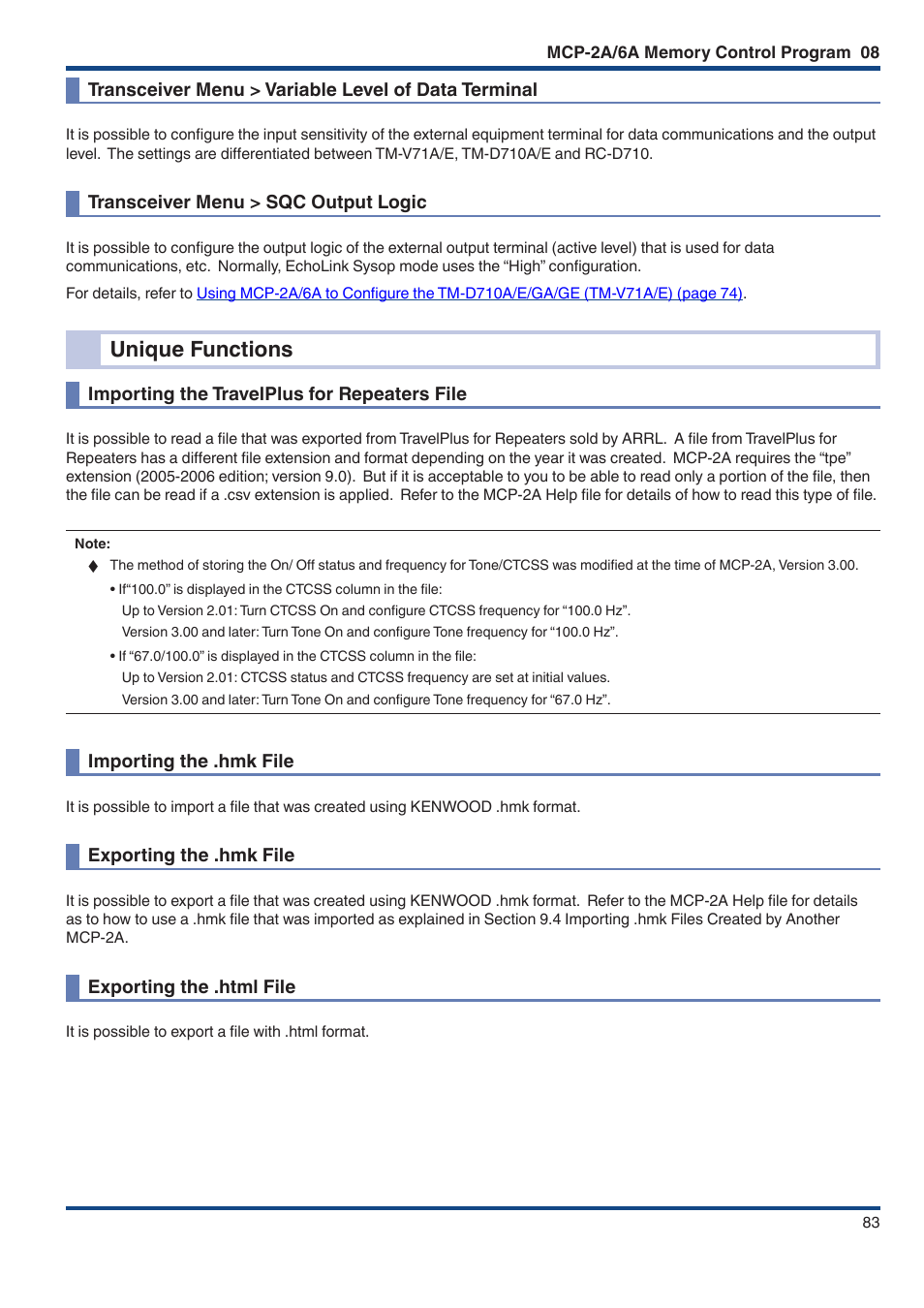 Transceiver menu > variable level of data terminal, Transceiver menu > sqc output logic, Unique functions | Importing the travelplus for repeaters file, Importing the .hmk file, Exporting the .hmk file, Exporting the .html file | Kenwood TM-D710GE User Manual | Page 87 / 108