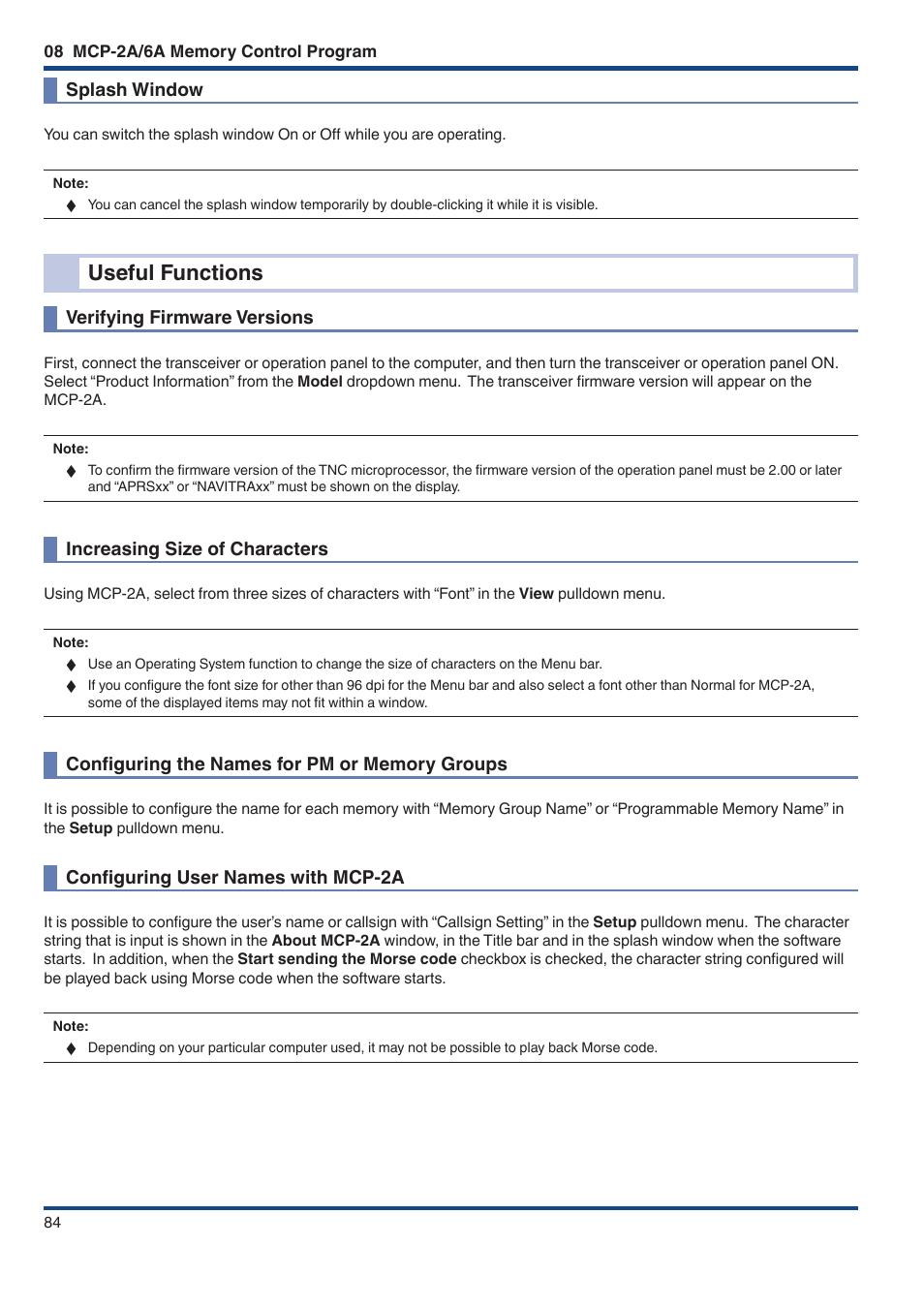 Splash window, Useful functions, Verifying firmware versions | Increasing size of characters, Configuring the names for pm or memory groups, Configuring user names with mcp‑2a, Configuring user names with mcp-2a | Kenwood TM-D710GE User Manual | Page 88 / 108