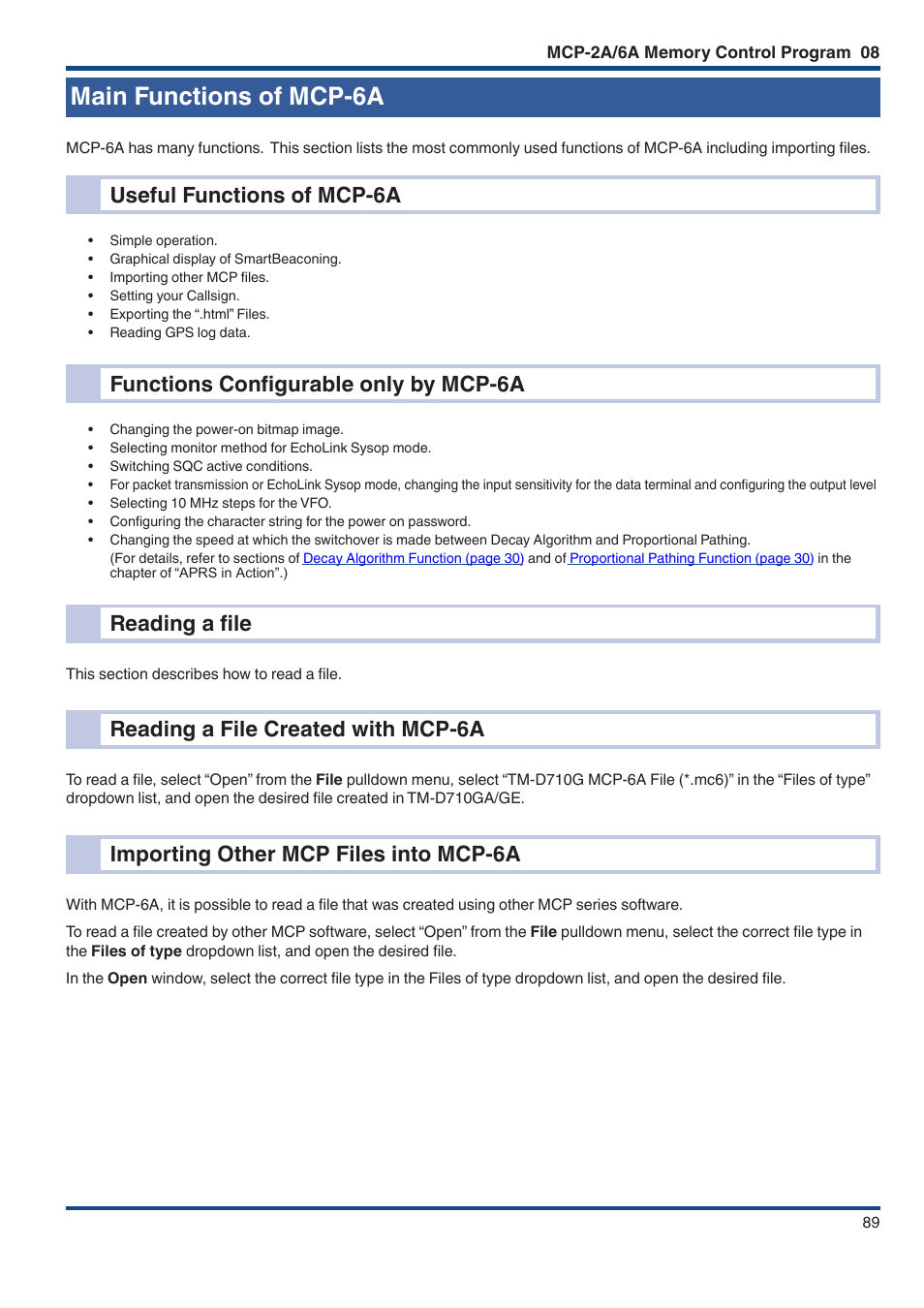 Main functions of mcp‑6a, Useful functions of mcp‑6a, Functions configurable only by mcp‑6a | Reading a file, Reading a file created with mcp‑6a, Importing other mcp files into mcp‑6a, Main functions of mcp-6a, Useful functions of mcp-6a, Functions configurable only by mcp-6a, Reading a file created with mcp-6a | Kenwood TM-D710GE User Manual | Page 93 / 108