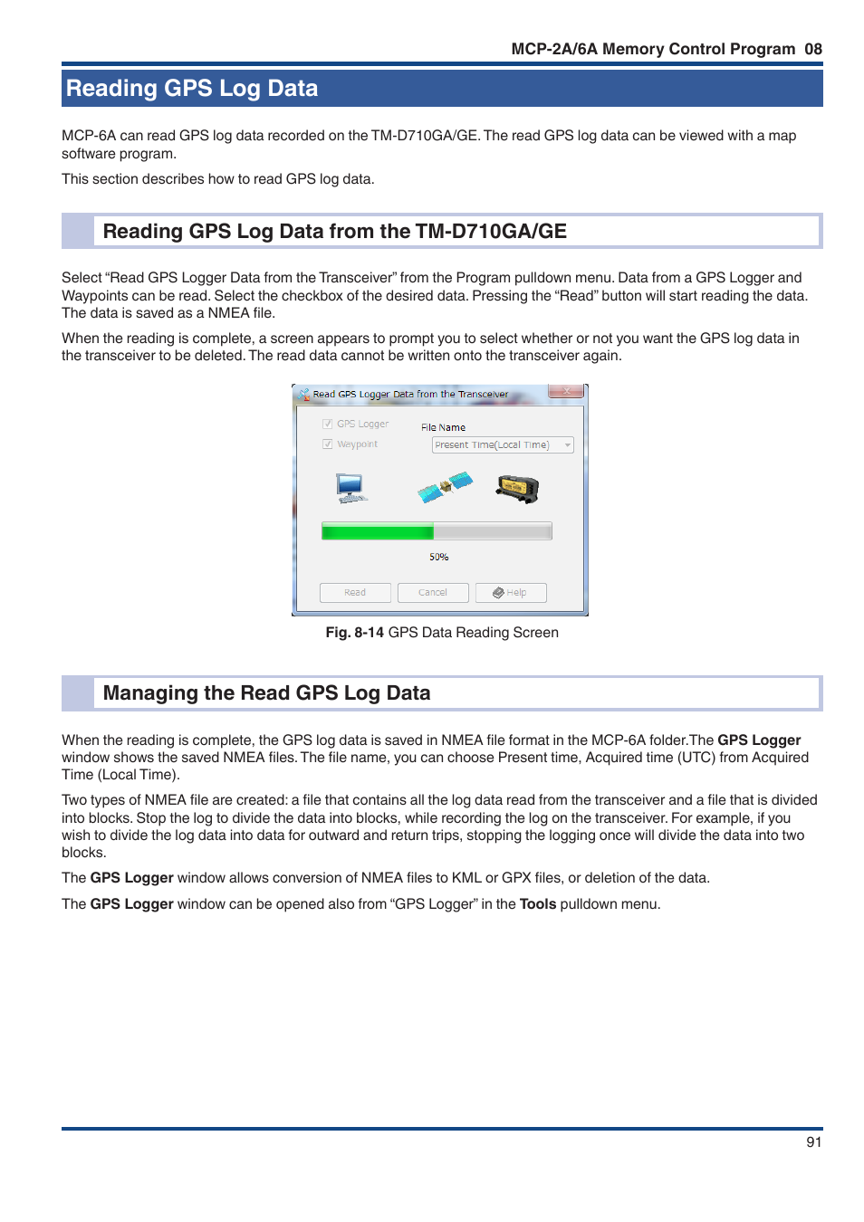 Reading gps log data, Reading gps log data from the tm‑d710ga/ge, Managing the read gps log data | Reading gps log data from the tm-d710ga/ge | Kenwood TM-D710GE User Manual | Page 95 / 108