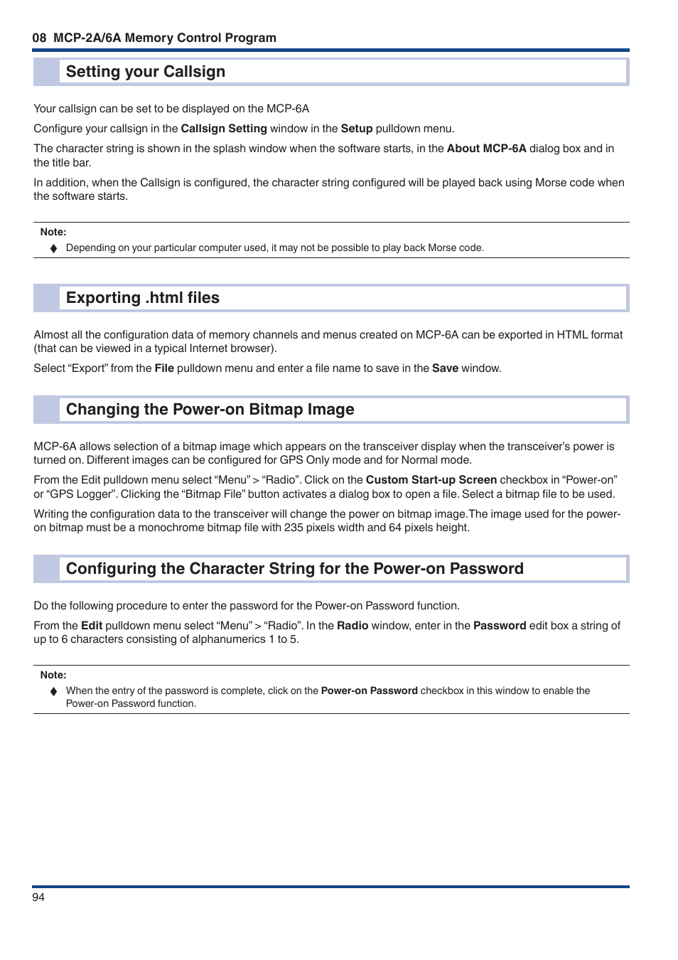 Setting your callsign, Exporting .html files, Changing the power-on bitmap image | Kenwood TM-D710GE User Manual | Page 98 / 108