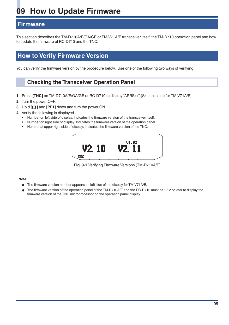 09 how to update firmware, Firmware, How to verify firmware version | Checking the transceiver operation panel | Kenwood TM-D710GE User Manual | Page 99 / 108