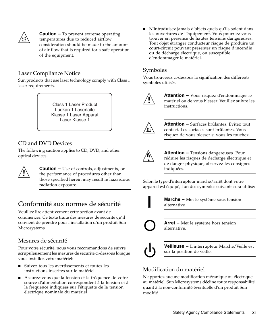 Laser compliance notice, Cd and dvd devices, Conformité aux normes de sécurité | Mesures de sécurité, Symboles, Modification du matériel | A4tech Sun StorageTekTM 4Gb FC Dual GbE HBA SG-XPCIE2FCGBE-E-Z User Manual | Page 11 / 52