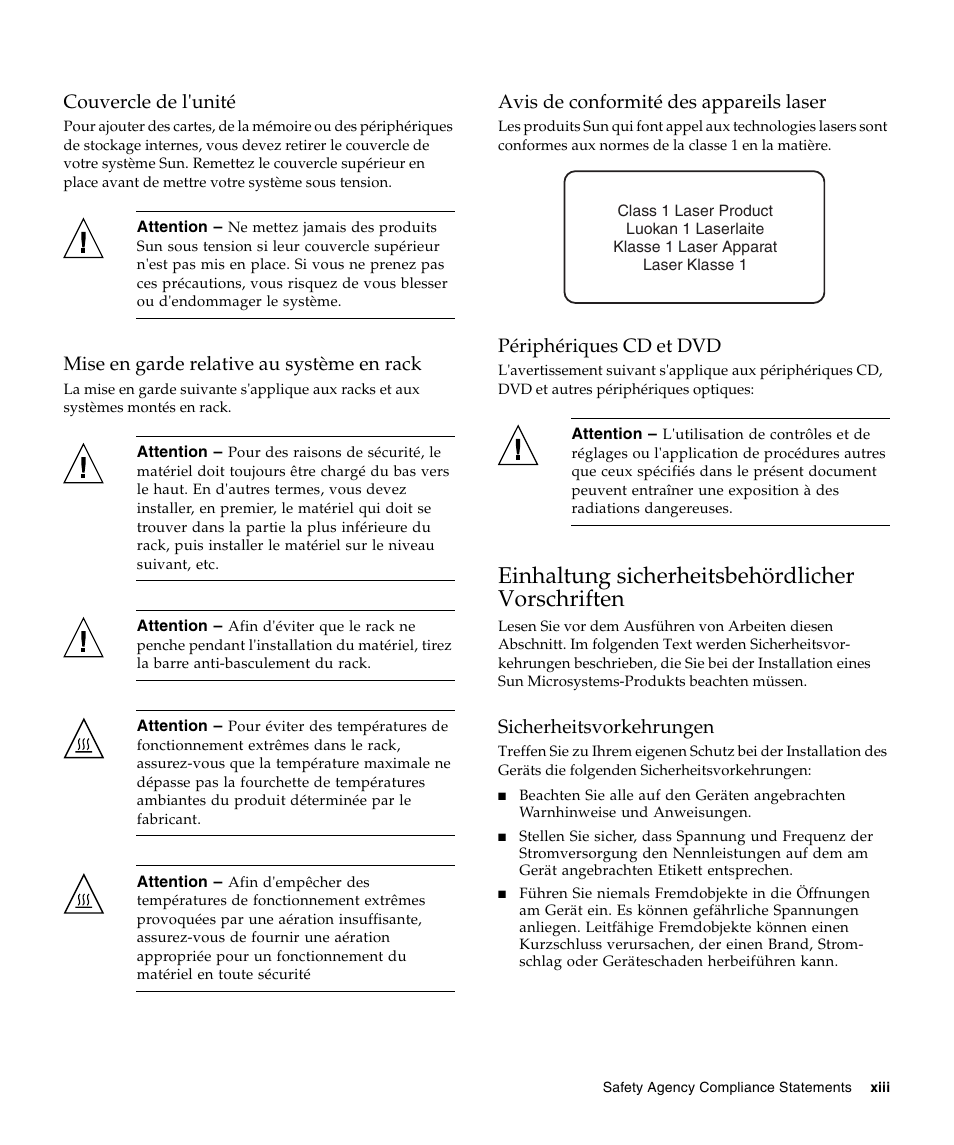 Couvercle de l'unité, Mise en garde relative au système en rack, Avis de conformité des appareils laser | Périphériques cd et dvd, Einhaltung sicherheitsbehördlicher vorschriften, Sicherheitsvorkehrungen | A4tech Sun StorageTekTM 4Gb FC Dual GbE HBA SG-XPCIE2FCGBE-E-Z User Manual | Page 13 / 52