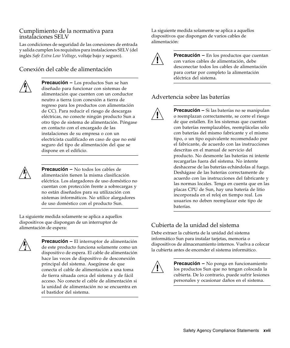 Conexión del cable de alimentación, Advertencia sobre las baterías, Cubierta de la unidad del sistema | A4tech Sun StorageTekTM 4Gb FC Dual GbE HBA SG-XPCIE2FCGBE-E-Z User Manual | Page 17 / 52