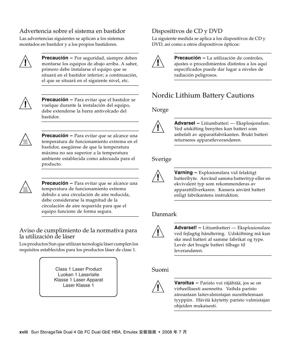 Advertencia sobre el sistema en bastidor, Dispositivos de cd y dvd, Nordic lithium battery cautions | Norge, Sverige, Danmark, Suomi | A4tech Sun StorageTekTM 4Gb FC Dual GbE HBA SG-XPCIE2FCGBE-E-Z User Manual | Page 18 / 52