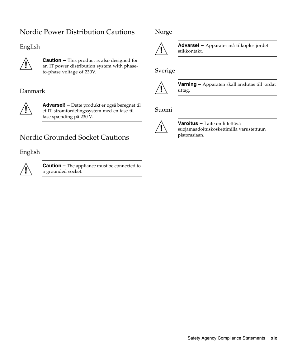 Nordic power distribution cautions, English, Danmark | Nordic grounded socket cautions, Norge, Sverige, Suomi | A4tech Sun StorageTekTM 4Gb FC Dual GbE HBA SG-XPCIE2FCGBE-E-Z User Manual | Page 19 / 52