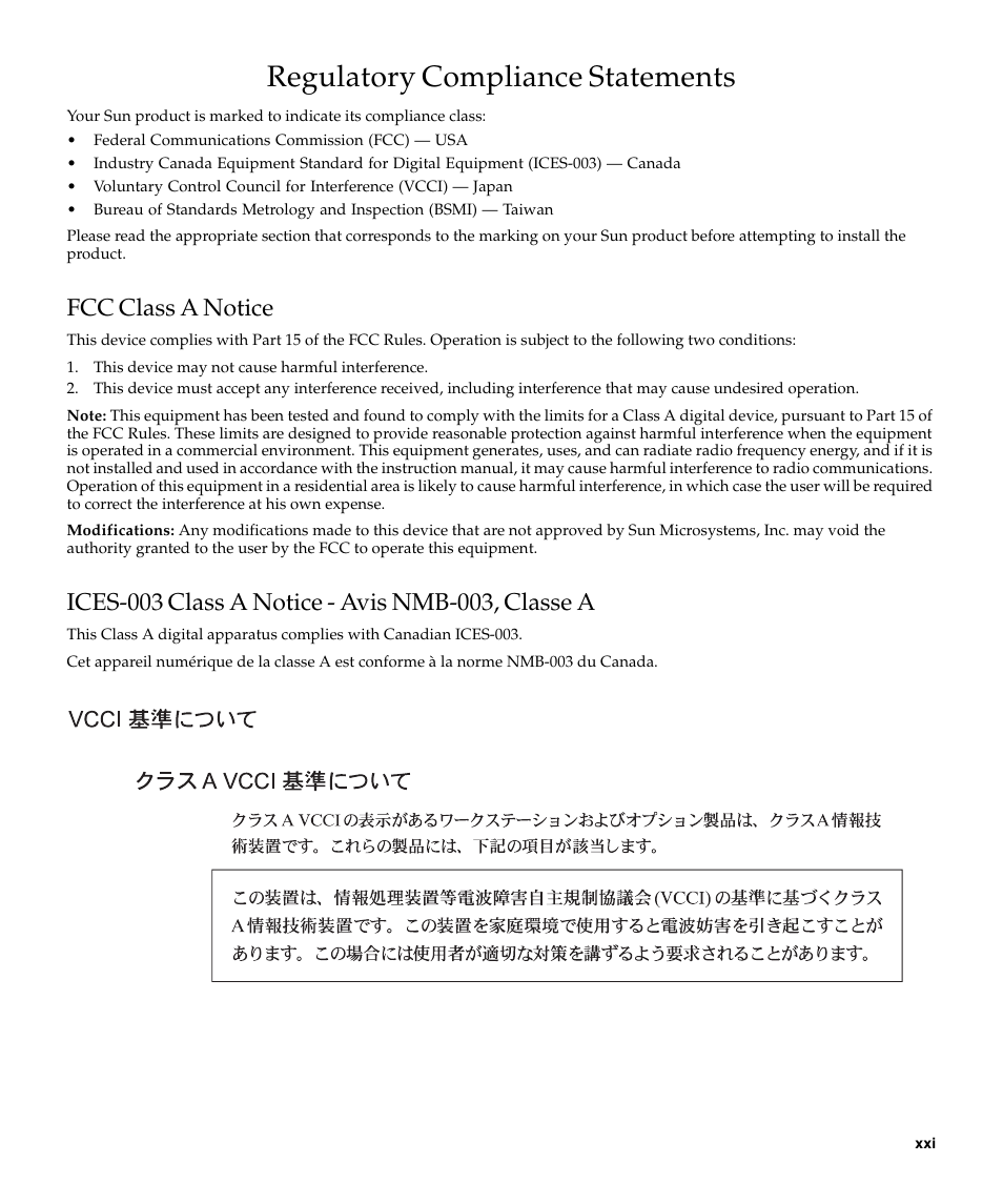 Regulatory compliance statements, Fcc class a notice, Ices-003 class a notice - avis nmb-003, classe a | A4tech Sun StorageTekTM 4Gb FC Dual GbE HBA SG-XPCIE2FCGBE-E-Z User Manual | Page 21 / 52