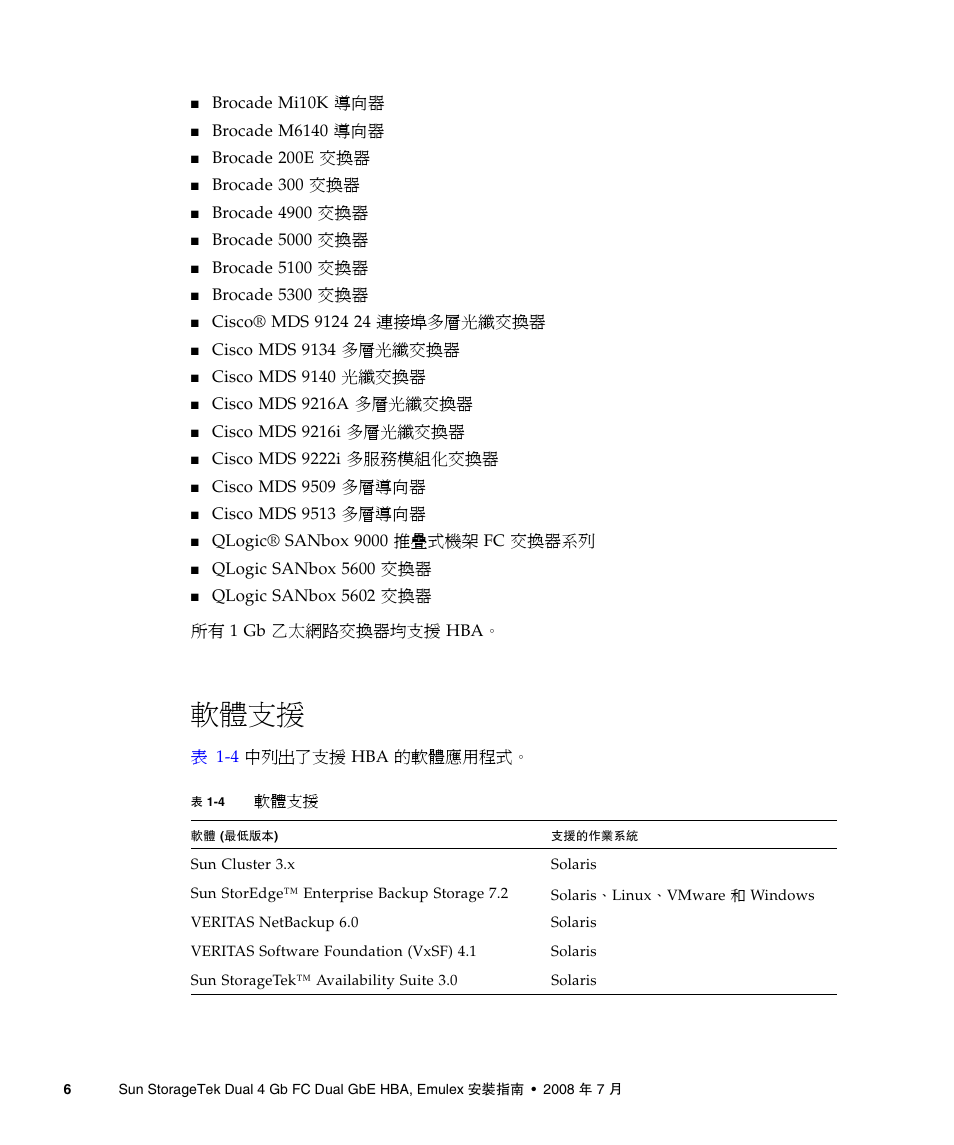 軟體支援, 第 6 頁的 「軟體支援 | A4tech Sun StorageTekTM 4Gb FC Dual GbE HBA SG-XPCIE2FCGBE-E-Z User Manual | Page 32 / 52