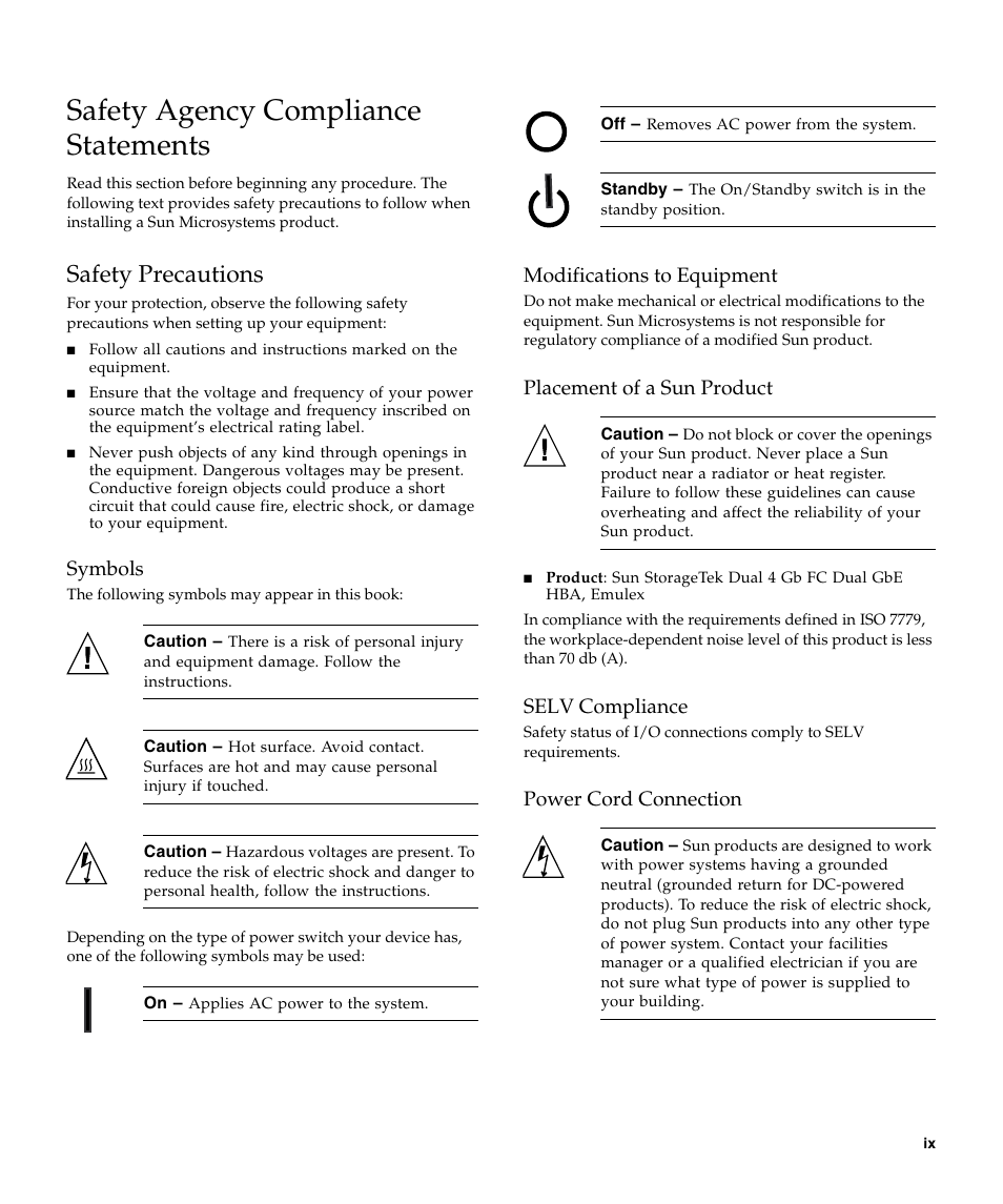 Safety agency compliance statements, Safety precautions, Symbols | Modifications to equipment, Placement of a sun product, Selv compliance, Power cord connection | A4tech Sun StorageTekTM 4Gb FC Dual GbE HBA SG-XPCIE2FCGBE-E-Z User Manual | Page 9 / 52