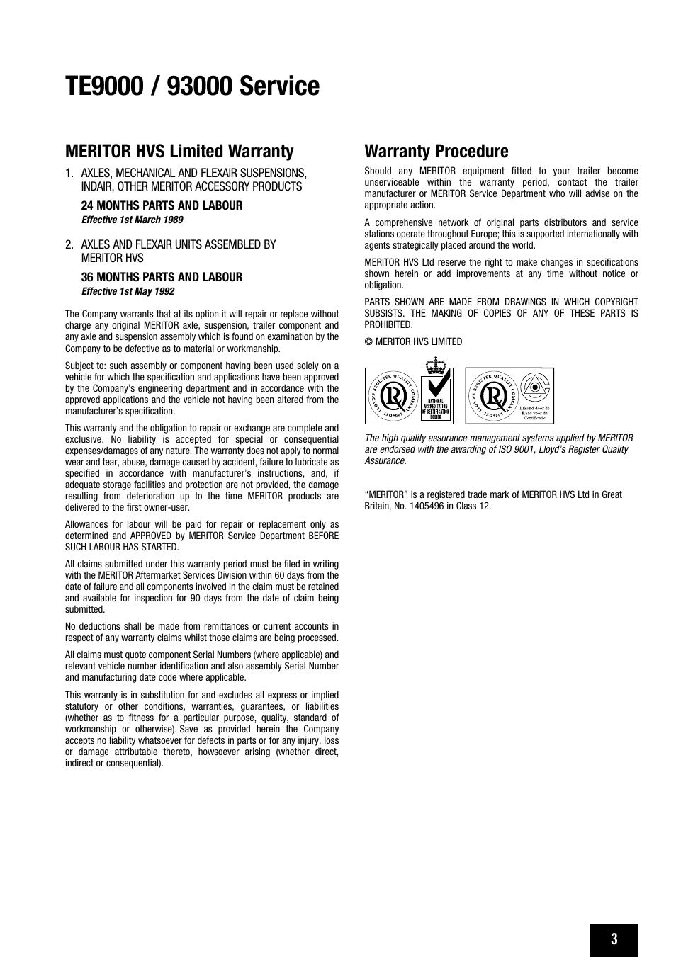 Meritor hvs limited warranty, Warranty procedure | ArvinMeritor MERITOR TE9000 User Manual | Page 3 / 20