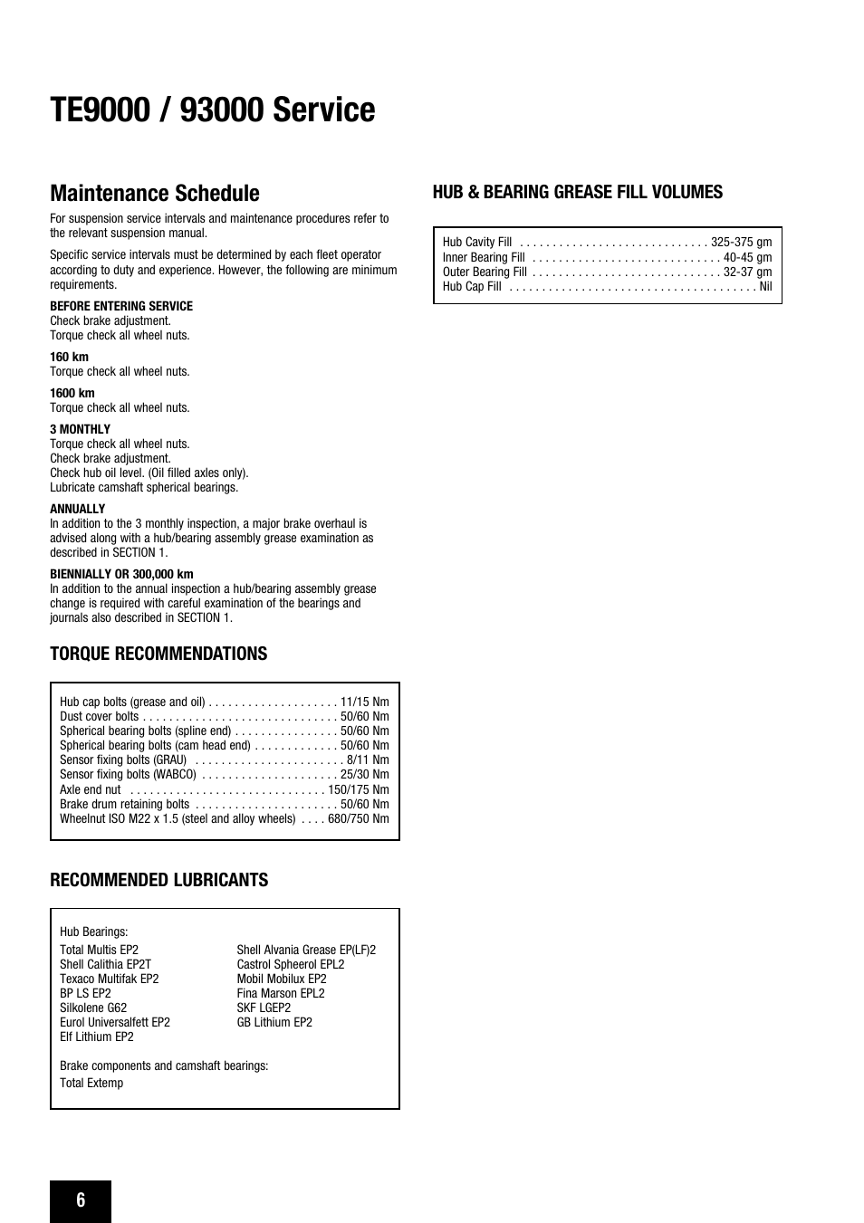 Maintenance schedule, Torque recommendations recommended lubricants, Hub & bearing grease fill volumes | ArvinMeritor MERITOR TE9000 User Manual | Page 6 / 20