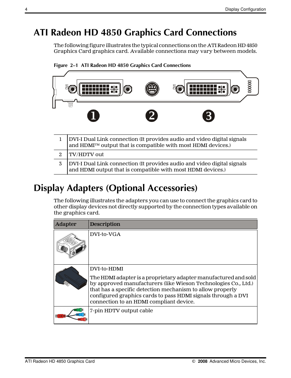 Ati radeon hd 4850 graphics card connections, Display adapters (optional accessories) | AMD Radeon 4850 User Manual | Page 10 / 18