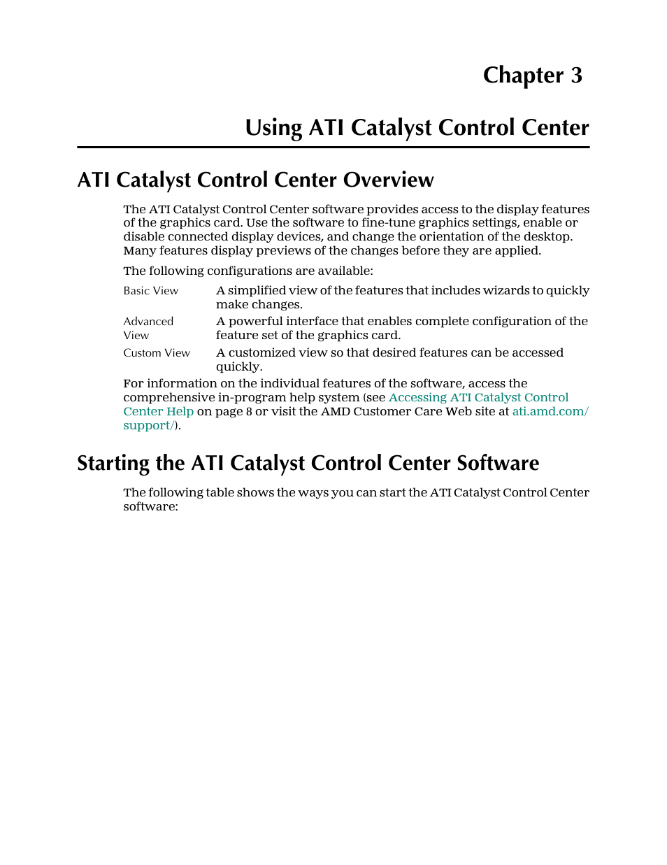 Chapter 3 — using ati catalyst control center, Ati catalyst control center overview, Starting the ati catalyst control center software | Using ati catalyst control center, Chapter 3 using ati catalyst control center | AMD Radeon 4850 User Manual | Page 13 / 18