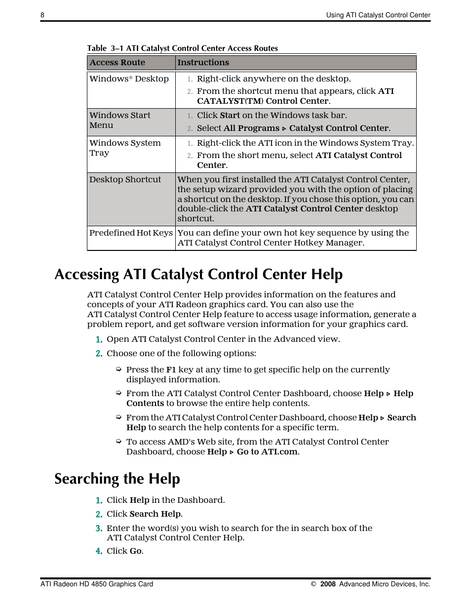 Accessing ati catalyst control center help, Searching the help | AMD Radeon 4850 User Manual | Page 14 / 18