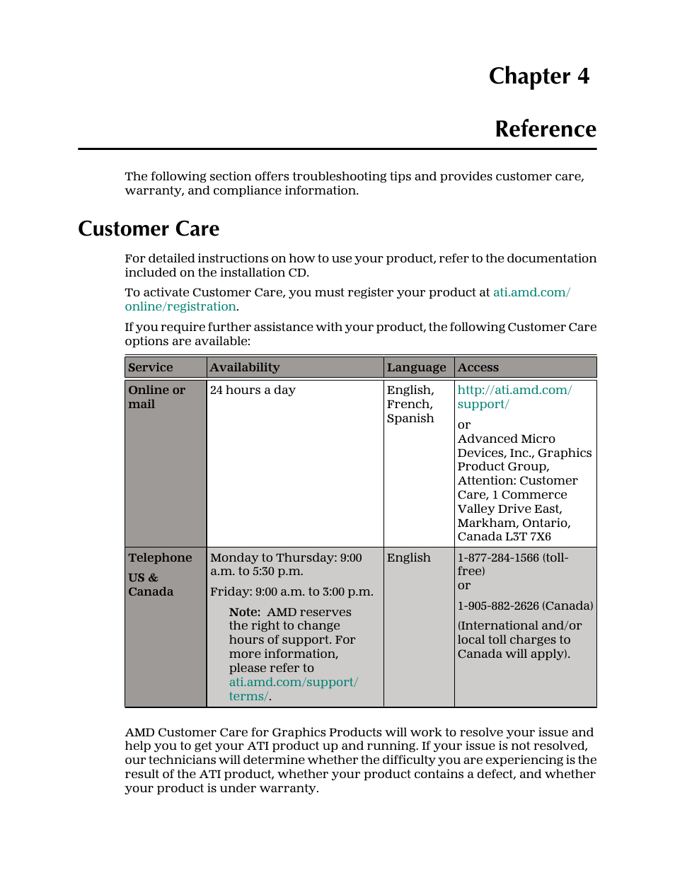 Chapter 4 — reference, Customer care, Reference | Chapter 4 reference | AMD Radeon 4850 User Manual | Page 15 / 18